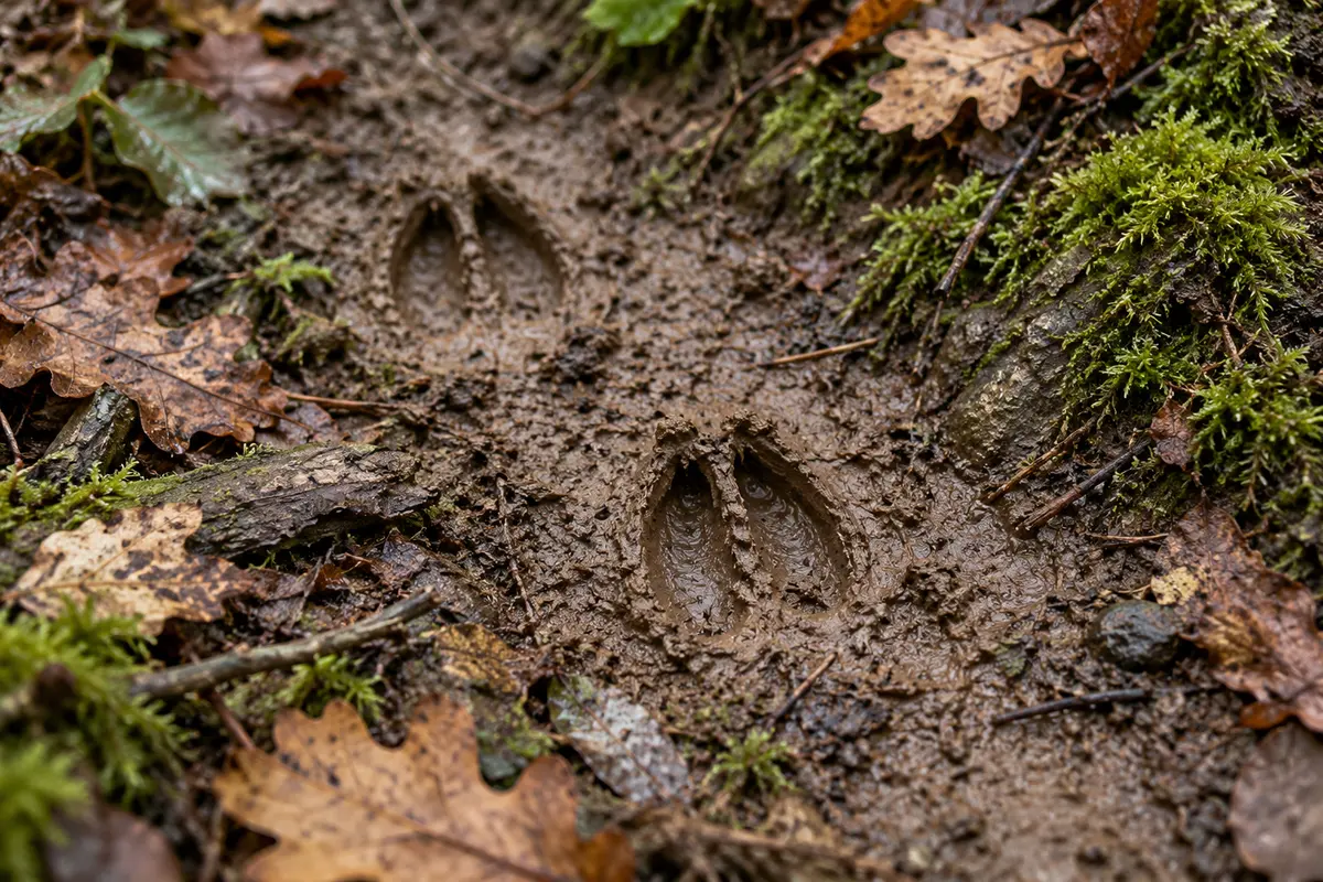 Kettős csülöknyomok puha sárban, erdőszéli avar és moha között